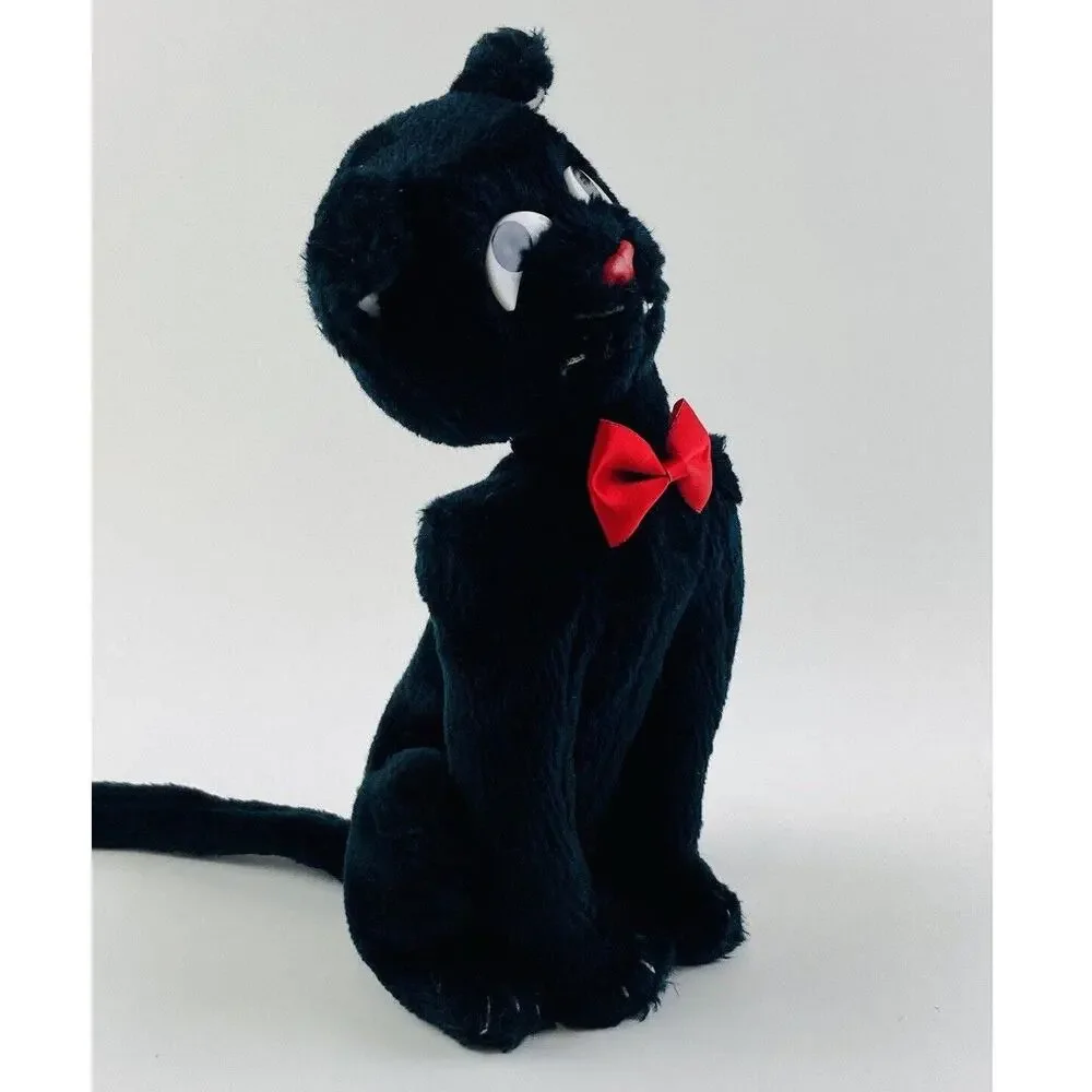 Vintge Wallace Berrie Black cat red bow tie plush toy 1984 Sitting Applause Luck